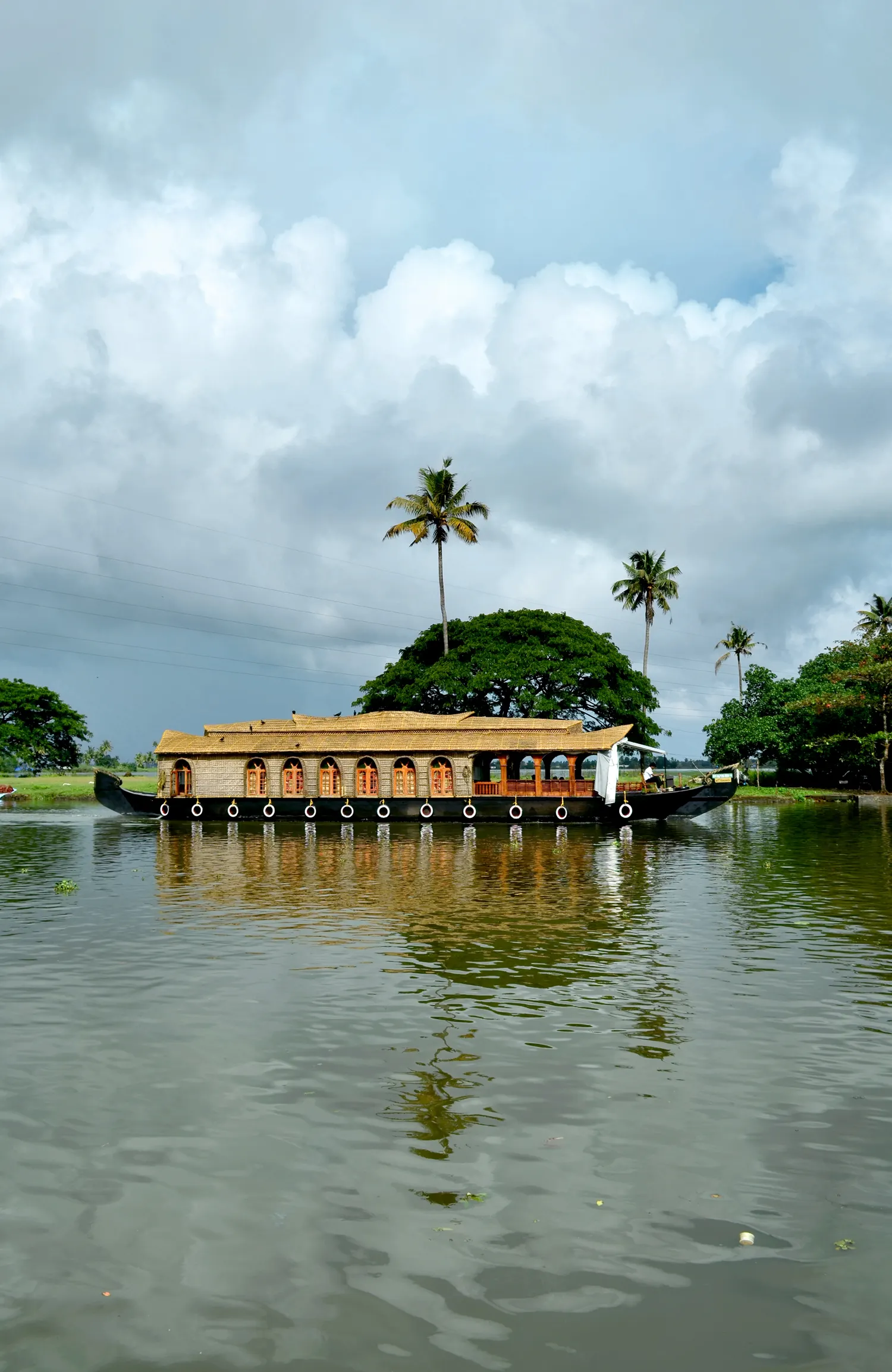 A thatched kettuvallam houseboat cruising a palm-lined backwater canal in Alappuzha, Kerala